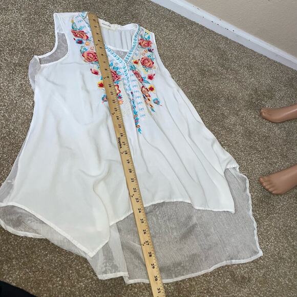 Sweet Jane top blouse embroidered top asymmetrical hem floral mixed media SZ L - Picture 8 of 9